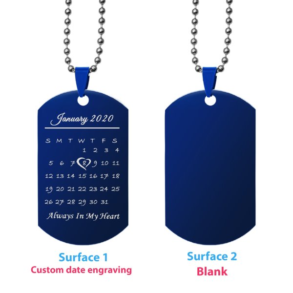Custom Engraved Personalized Calendar Date Memorial Text Blue Stainless Steel Dog Tag Pendant with Ball Chain Necklace 24 in - Blue