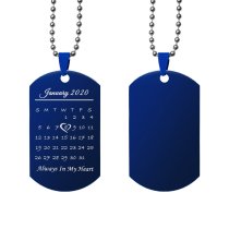 Custom Engraved Personalized Calendar Date Memorial Text Blue Stainless Steel Dog Tag Pendant with Ball Chain Necklace 24 in - Blue