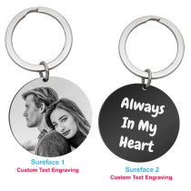 Personalized 1 Photo + 1 Side Text Custom Engraved Memorial Round Dog Tag Pendant Keychain Keyring Keepsake Gift