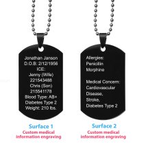Personalized Medical Alert Emergency Med Id Identification Engraved Stainless Steel Custom Dog Tag Military Pendant Ball Chain Necklace 24″ Gift - Black