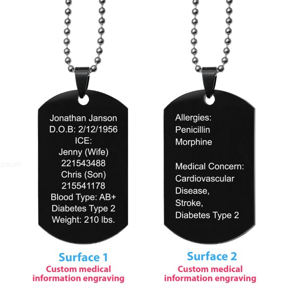 Personalized Medical Alert Emergency Med Id Identification Engraved Stainless Steel Custom Dog Tag Military Pendant Ball Chain Necklace 24" Gift - Black