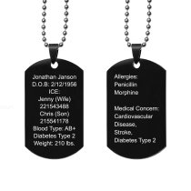 Personalized Medical Alert Emergency Med Id Identification Engraved Stainless Steel Custom Dog Tag Military Pendant Ball Chain Necklace 24" Gift - Black