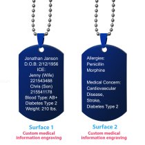 Personalized Medical Alert Emergency Med Id Identification Engraved Stainless Steel Custom Dog Tag Military Pendant Ball Chain Necklace 24″ Gift - Blue
