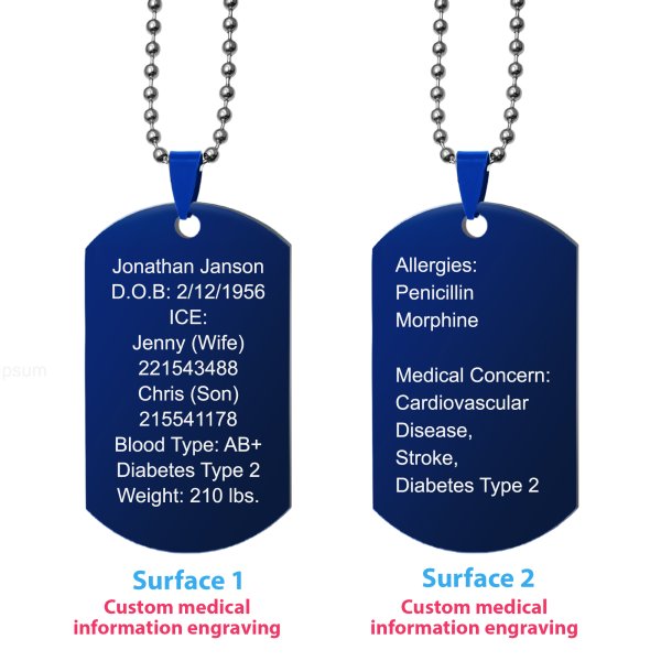 Personalized Medical Alert Emergency Med Id Identification Engraved Stainless Steel Custom Dog Tag Military Pendant Ball Chain Necklace 24" Gift - Blue