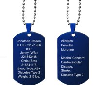 Personalized Medical Alert Emergency Med Id Identification Engraved Stainless Steel Custom Dog Tag Military Pendant Ball Chain Necklace 24" Gift - Blue