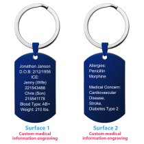 Personalized Medical Alert Emergency Med Id Identification Engraved Stainless Steel Custom Dog Tag Military Pendant Keychain- Blue