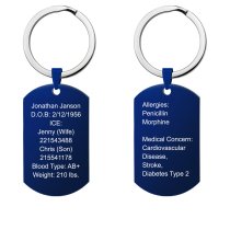 Personalized Medical Alert Emergency Med Id Identification Engraved Stainless Steel Custom Dog Tag Military Pendant Keychain- Blue