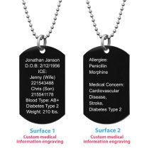 Personalized Medical Alert Emergency Med Id Identification Engraved Stainless Steel Custom Dog Tag Military Pendant Ball Chain Necklace 24″ Gift - Black