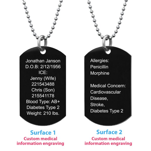 Personalized Medical Alert Emergency Med Id Identification Engraved Stainless Steel Custom Dog Tag Military Pendant Ball Chain Necklace 24" Gift - Black