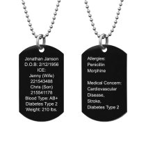 Personalized Medical Alert Emergency Med Id Identification Engraved Stainless Steel Custom Dog Tag Military Pendant Ball Chain Necklace 24" Gift - Black
