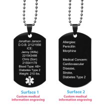 Personalized Medical Alert Emergency Med Id Identification Engraved Stainless Steel Custom Dog Tag Military Pendant Ball Chain Necklace 24″ Gift - Black