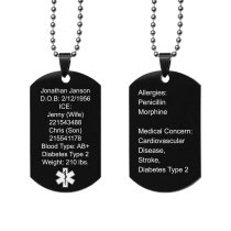 Personalized Medical Alert Emergency Med Id Identification Engraved Stainless Steel Custom Dog Tag Military Pendant Ball Chain Necklace 24" Gift - Black