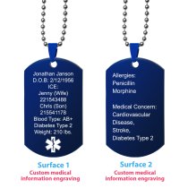 Personalized Medical Alert Emergency Med Id Identification Engraved Stainless Steel Custom Dog Tag Military Pendant Ball Chain Necklace 24″ Gift - Blue