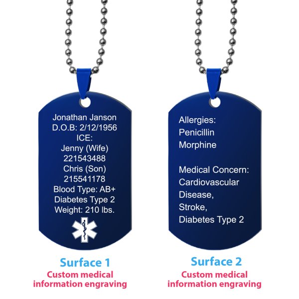 Personalized Medical Alert Emergency Med Id Identification Engraved Stainless Steel Custom Dog Tag Military Pendant Ball Chain Necklace 24" Gift - Blue