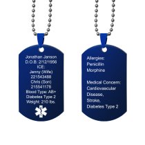 Personalized Medical Alert Emergency Med Id Identification Engraved Stainless Steel Custom Dog Tag Military Pendant Ball Chain Necklace 24" Gift - Blue