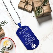 Personalized Medical Alert Emergency Med Id Identification Engraved Stainless Steel Custom Dog Tag Military Pendant Ball Chain Necklace 24" Gift - Blue