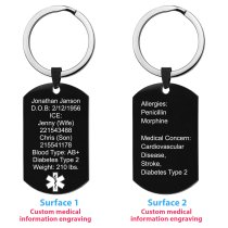 Personalized Medical Alert Emergency Med Id Identification Engraved Stainless Steel Custom Dog Tag Military Pendant Key Chain - Black