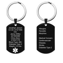 Personalized Medical Alert Emergency Med Id Identification Engraved Stainless Steel Custom Dog Tag Military Pendant Key Chain - Black