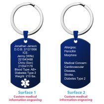 Personalized Medical Alert Emergency Med Id Identification Engraved Stainless Steel Custom Dog Tag Military Pendant Keychain- Blue