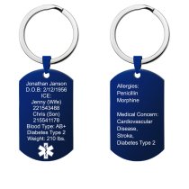 Personalized Medical Alert Emergency Med Id Identification Engraved Stainless Steel Custom Dog Tag Military Pendant Keychain- Blue