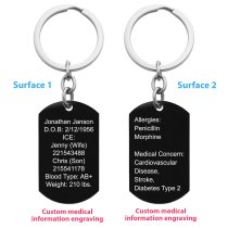 Personalized Medical Alert Emergency Med Id Identification Engraved Stainless Steel Custom Dog Tag Military Pendant Key Chain - Black