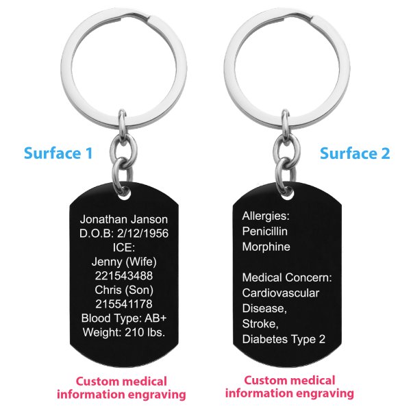 Personalized Medical Alert Emergency Med Id Identification Engraved Stainless Steel Custom Dog Tag Military Pendant Key Chain - Black