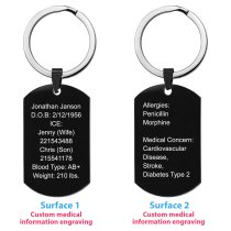 Personalized Medical Alert Emergency Med Id Identification Engraved Stainless Steel Custom Dog Tag Military Pendant Key Chain - Black