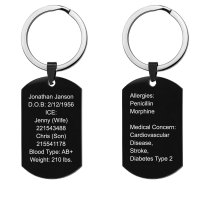 Personalized Medical Alert Emergency Med Id Identification Engraved Stainless Steel Custom Dog Tag Military Pendant Key Chain - Black