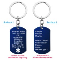 Personalized Medical Alert Emergency Med Id Identification Engraved Stainless Steel Custom Dog Tag Military Pendant Key Chain - Blue