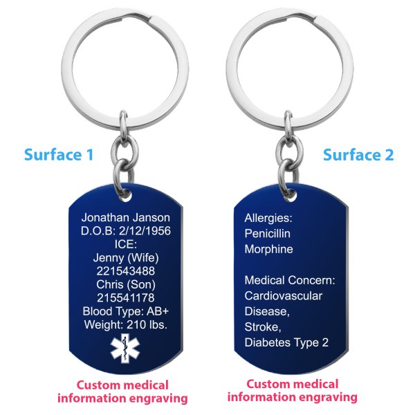 Personalized Medical Alert Emergency Med Id Identification Engraved Stainless Steel Custom Dog Tag Military Pendant Key Chain - Blue