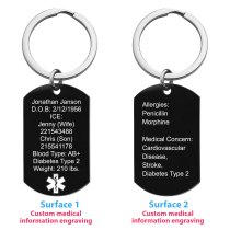 Personalized Medical Alert Emergency Med Id Identification Engraved Stainless Steel Custom Dog Tag Military Pendant Dog Tag Pendant Key Chain - Black
