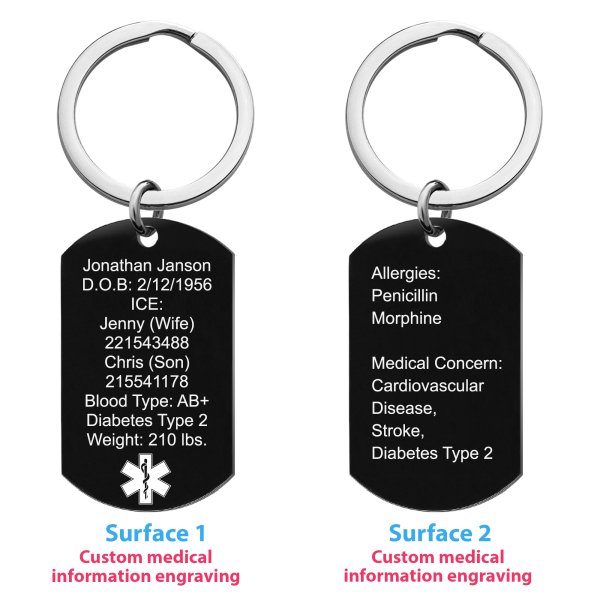 Personalized Medical Alert Emergency Med Id Identification Engraved Stainless Steel Custom Dog Tag Military Pendant Dog Tag Pendant Key Chain - Black