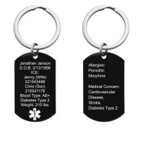 Personalized Medical Alert Emergency Med Id Identification Engraved Stainless Steel Custom Dog Tag Military Pendant Dog Tag Pendant Key Chain - Black
