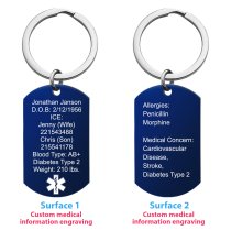 Personalized Medical Alert Emergency Med Id Identification Engraved Stainless Steel Custom Dog Tag Military Pendant Key Chain - Blue