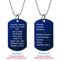 Personalized Medical Alert Emergency Med Id Identification Engraved Stainless Steel Custom Dog Tag Military Pendant Ball Chain Necklace 24″ Gift - Blue