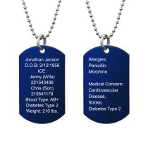 Personalized Medical Alert Emergency Med Id Identification Engraved Stainless Steel Custom Dog Tag Military Pendant Ball Chain Necklace 24" Gift - Blue