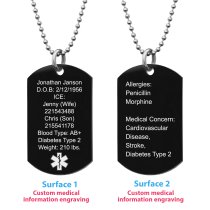 Personalized Medical Alert Emergency Med Id Identification Engraved Stainless Steel Custom Dog Tag Military Pendant Ball Chain Necklace 24" Gift - Black