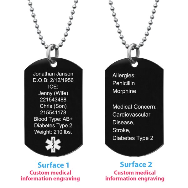 Personalized Medical Alert Emergency Med Id Identification Engraved Stainless Steel Custom Dog Tag Military Pendant Ball Chain Necklace 24" Gift - Black