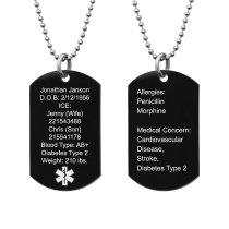 Personalized Medical Alert Emergency Med Id Identification Engraved Stainless Steel Custom Dog Tag Military Pendant Ball Chain Necklace 24" Gift - Black