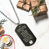 Personalized Medical Alert Emergency Med Id Identification Engraved Stainless Steel Custom Dog Tag Military Pendant Ball Chain Necklace 24" Gift - Black