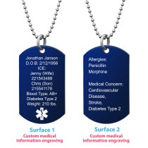 Personalized Medical Alert Emergency Med Id Identification Engraved Stainless Steel Custom Dog Tag Military Pendant Ball Chain Necklace 24″ Gift - Blue