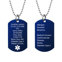 Personalized Medical Alert Emergency Med Id Identification Engraved Stainless Steel Custom Dog Tag Military Pendant Ball Chain Necklace 24" Gift - Blue