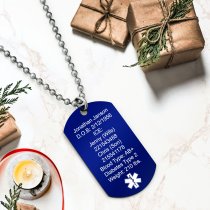 Personalized Medical Alert Emergency Med Id Identification Engraved Stainless Steel Custom Dog Tag Military Pendant Ball Chain Necklace 24" Gift - Blue