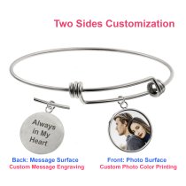 Qina C. Personalized Color Photo Text Engrave Message Picture Dangle Charm Adjustable Wire Bangle Bracelet Inspirational Gift
