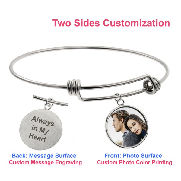Qina C. Personalized Color Photo Text Engrave Message Picture Dangle Charm Adjustable Wire Bangle Bracelet Inspirational Gift
