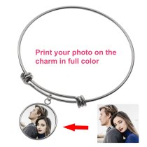Qina C. Personalized Color Photo Text Engrave Message Picture Dangle Charm Adjustable Wire Bangle Bracelet Inspirational Gift