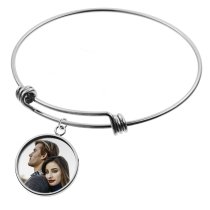 Qina C. Personalized Color Photo Text Engrave Message Picture Dangle Charm Adjustable Wire Bangle Bracelet Inspirational Gift