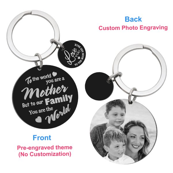 Mother Is Family's World Personalized Photo Engraving w/ Love U to the Moon & Back Stainless Steel Round Dog Tag Keychain