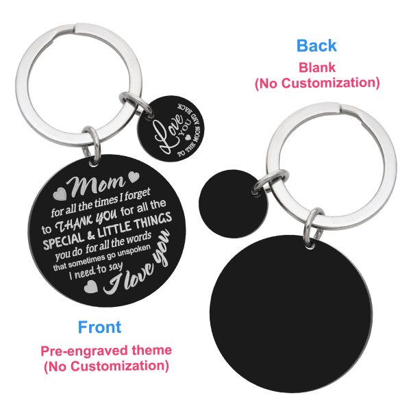 Thank You Mom Love Text Engraving w/ Love U to the Moon & Back Stainless Steel Round Dog Tag Keychain Mother's Day Gift