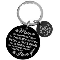 Thank You Mom Love Text Engraving w/ Love U to the Moon & Back Stainless Steel Round Dog Tag Keychain Mother's Day Gift